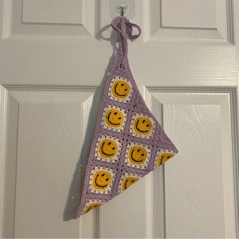 Purple Smiley Open Knit Head Covering String Knot